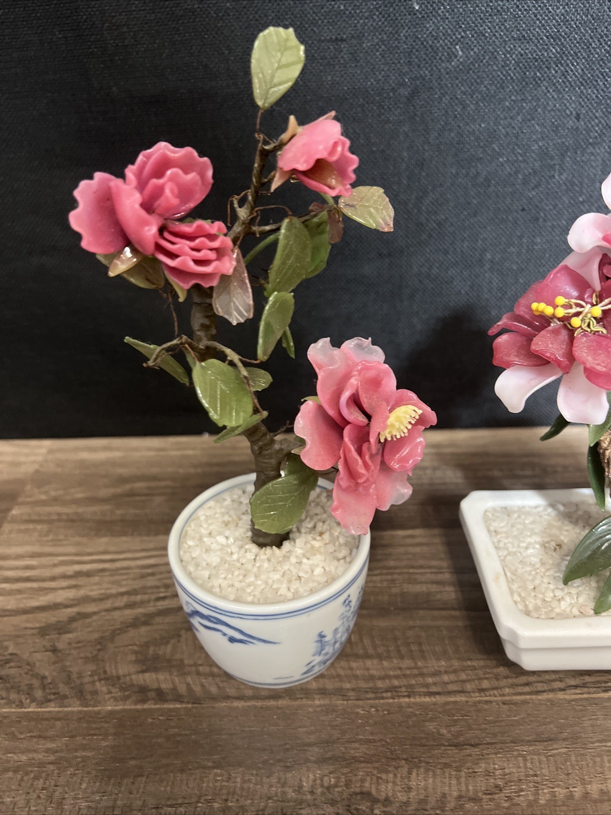 VTG (2) Chinese Lucky Jade Jadeite Stone Carved Pink Flowering Potted Plant Tree