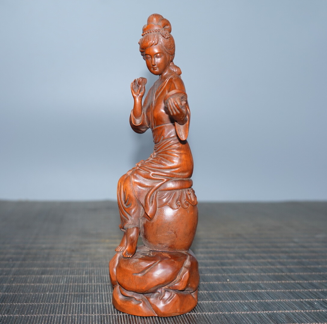 6.3″ Collect China Boxwood Carving Beauty Beautiful Woman Looking Mirror Statue