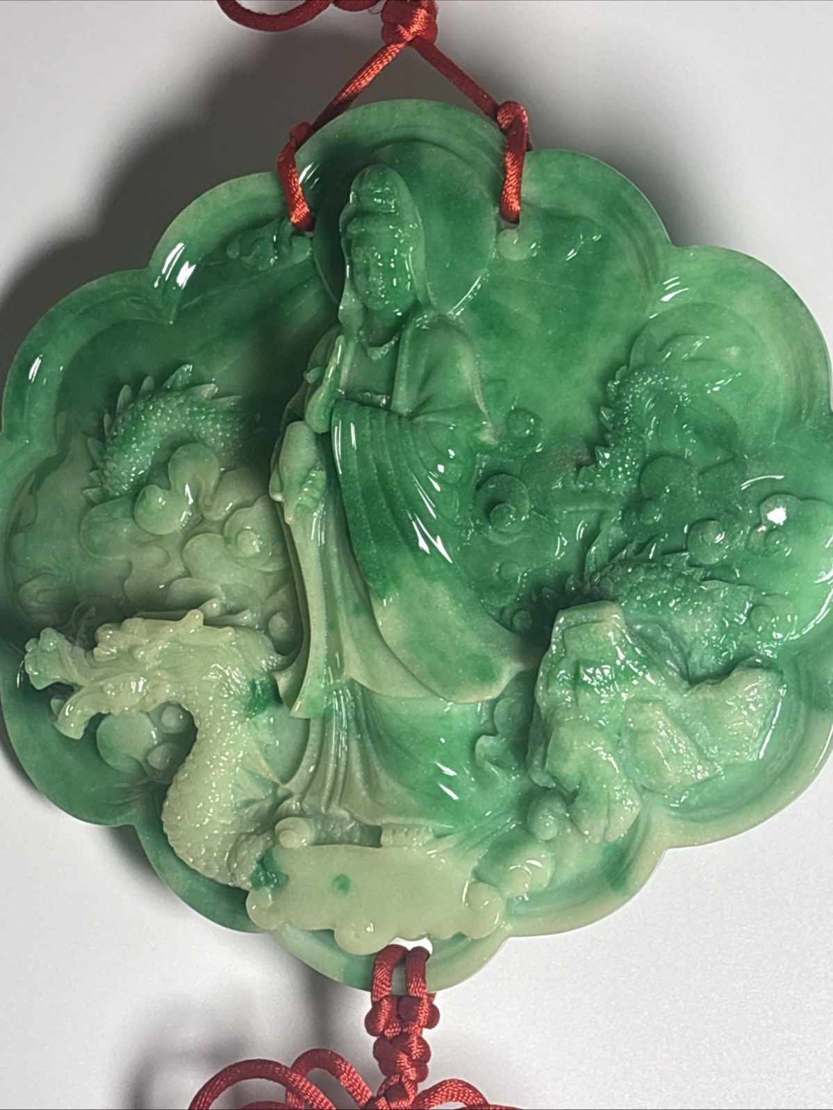 Faux Jade Goddess God Dragon Wall Hanging Green Resin Red Tassel Decor