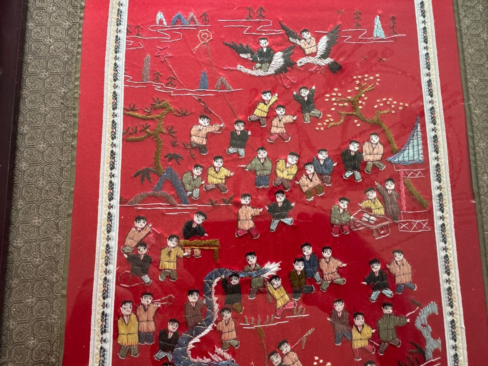 “Hundred Children Scene” Chinese Hand-Embroidered Silk Panel/Frame