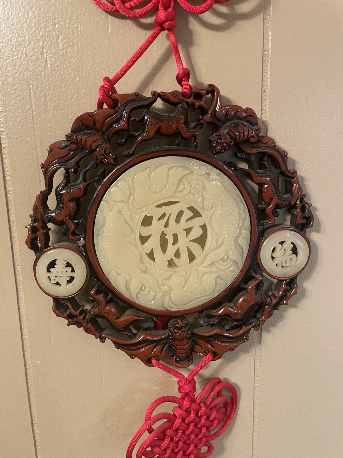 Vintage Chinese Red Knot Wood And Jade Wall Hanger w/long Tassel