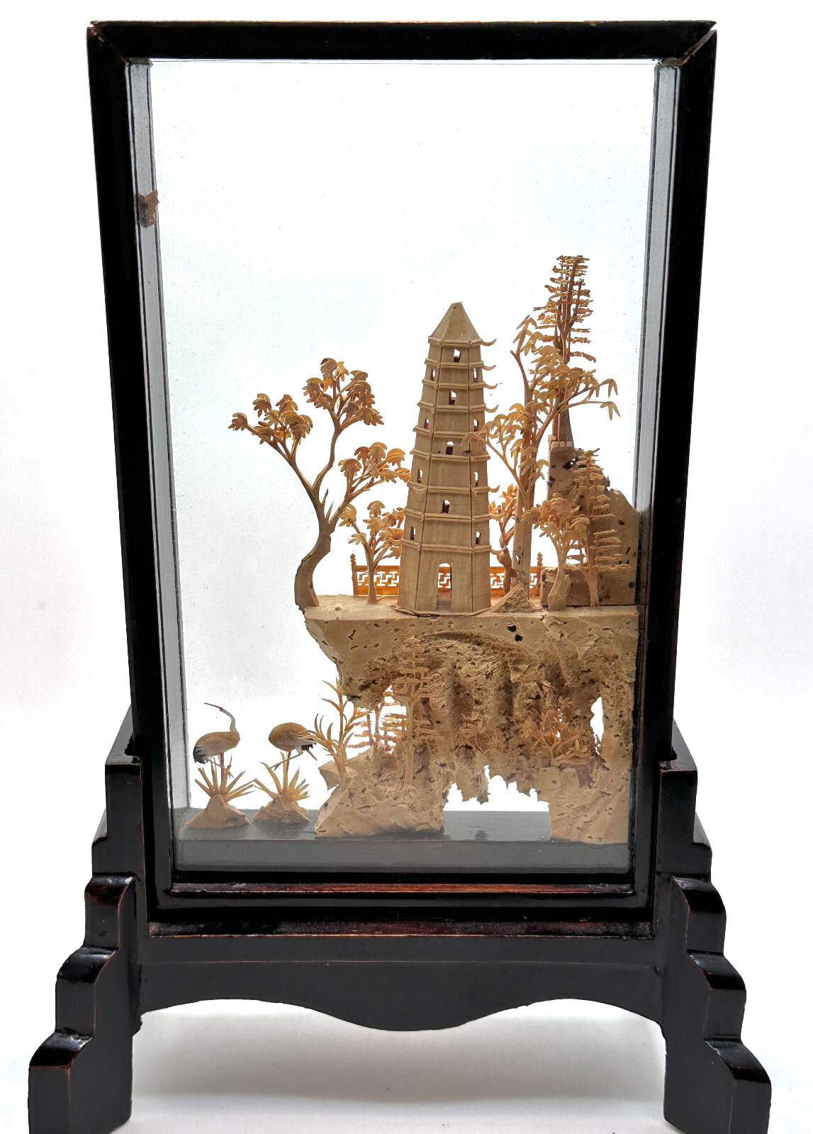 Vintage Hand-Carved Asian Cork & Wood Pagoda Diorama Black Lacquer Stand San You