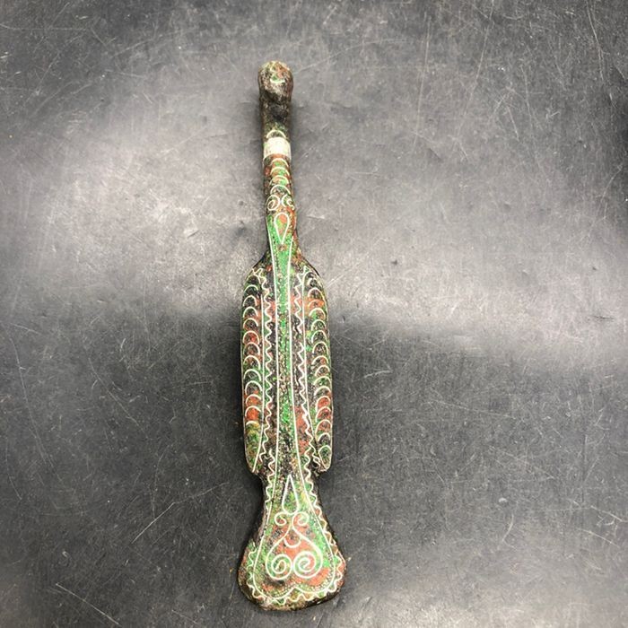 Antique Qin Han Dynasty Bronze Belt Hook with Gold Silver Inlay Replica Decor