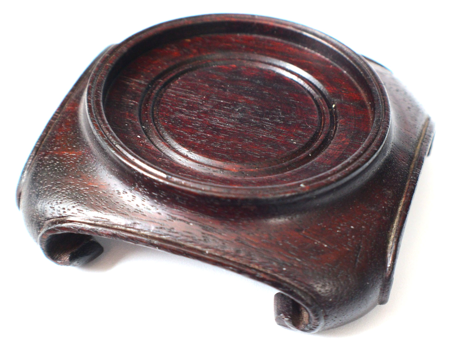 Vintage Chinese Round Brown Wood Stand w/Square Scroll base 2 1/2″ diam top S30