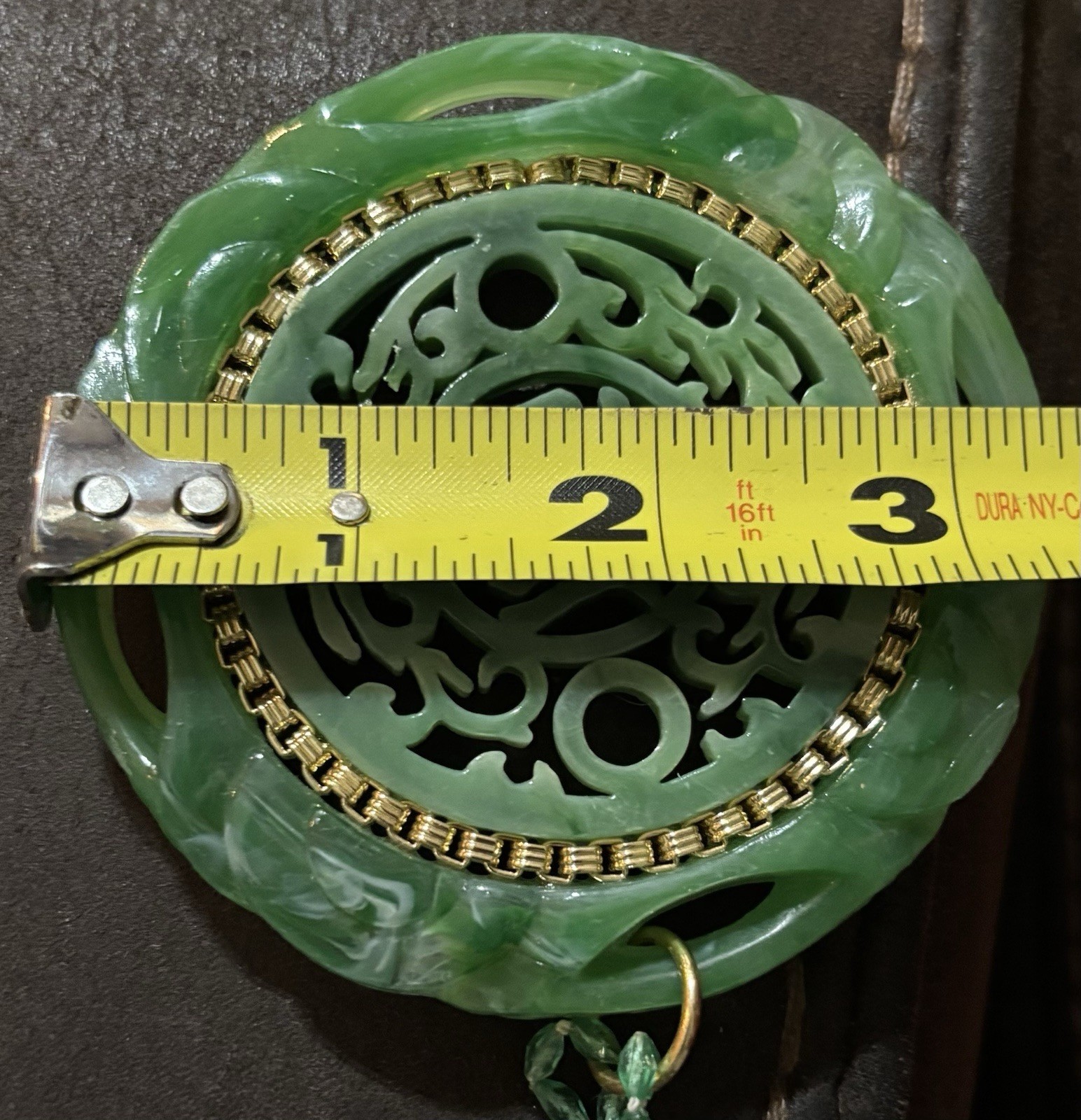 Vintage Asian Chinese Plastic Green Faux Jade Necklace With Large Medallion