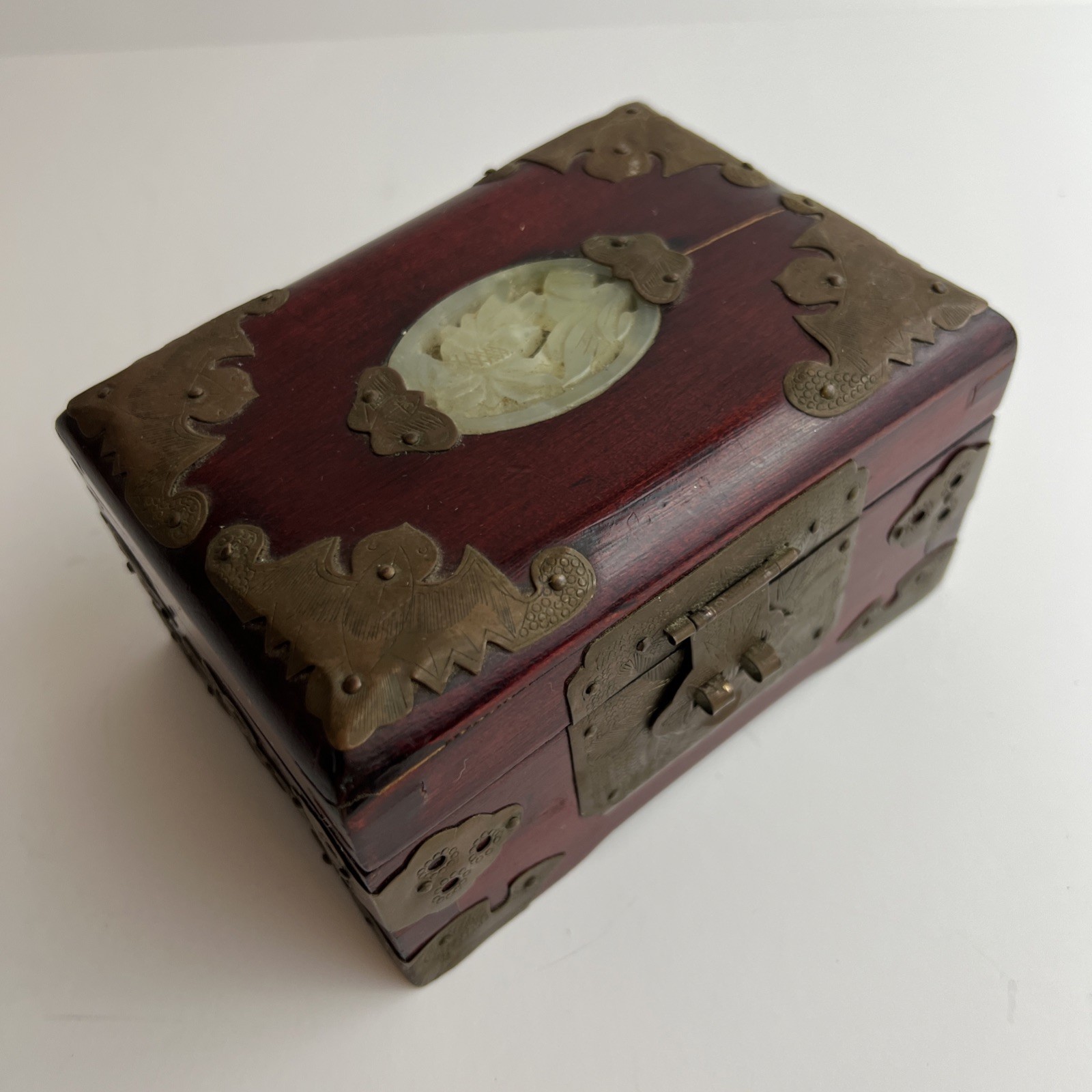 Rare Vintage Chinese Mahogany Jewel Box Chased Brass Accent Lock Jade Medallion