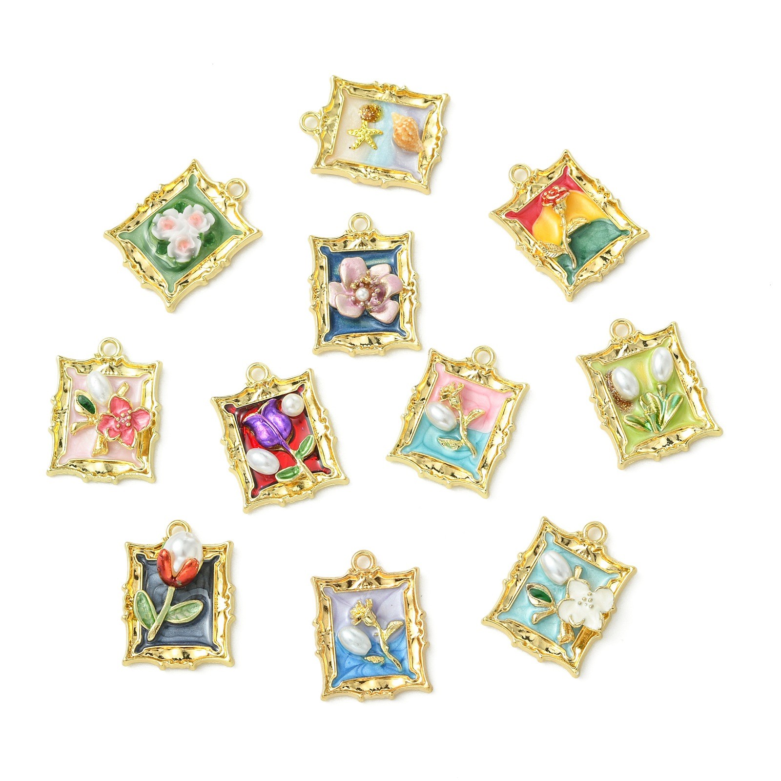 18x Rectangle Alloy Enamel Flower Pendants for Earrings Necklace Jewelry Making