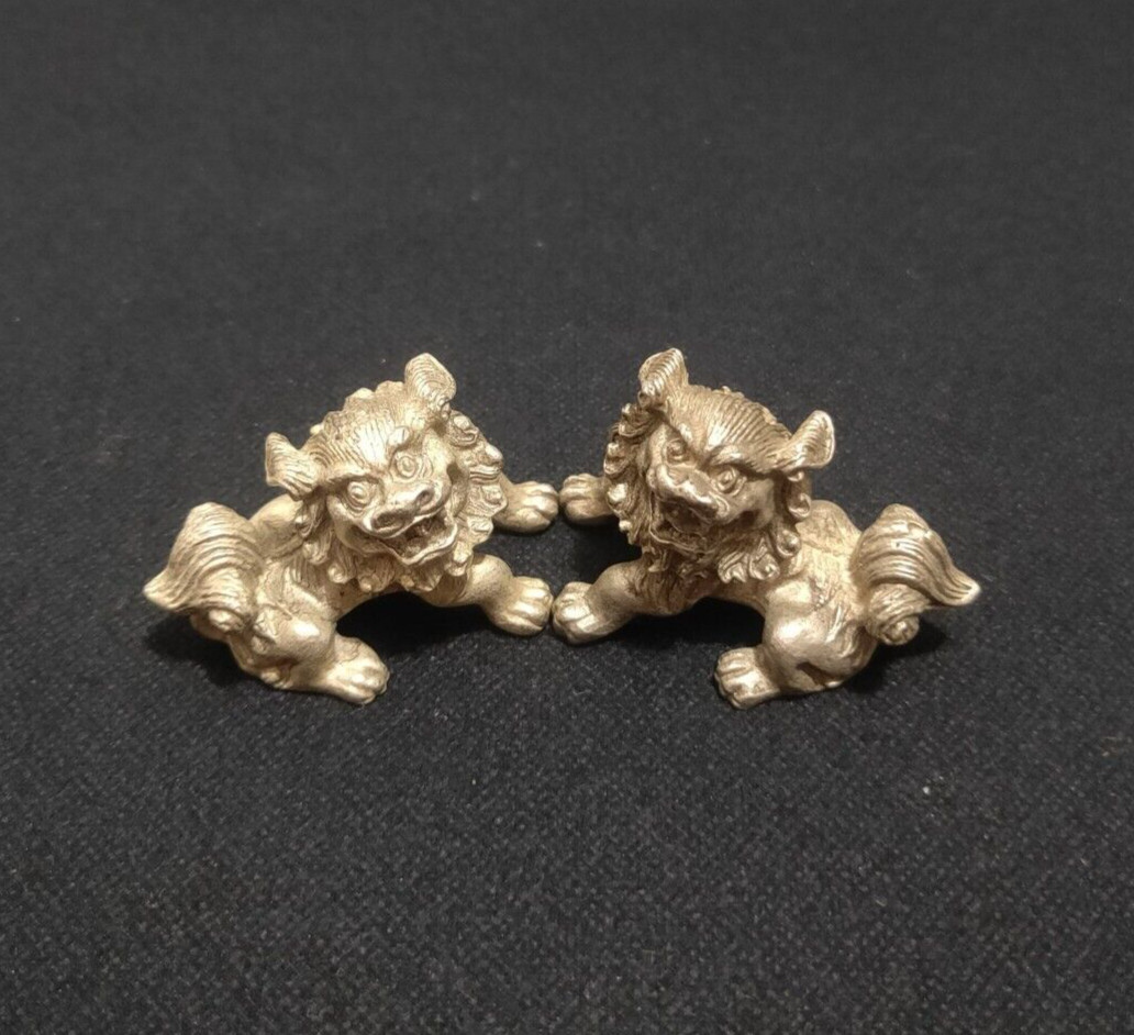 Collectible old tibet silver carved pair foo fu dog door lion guardian statue