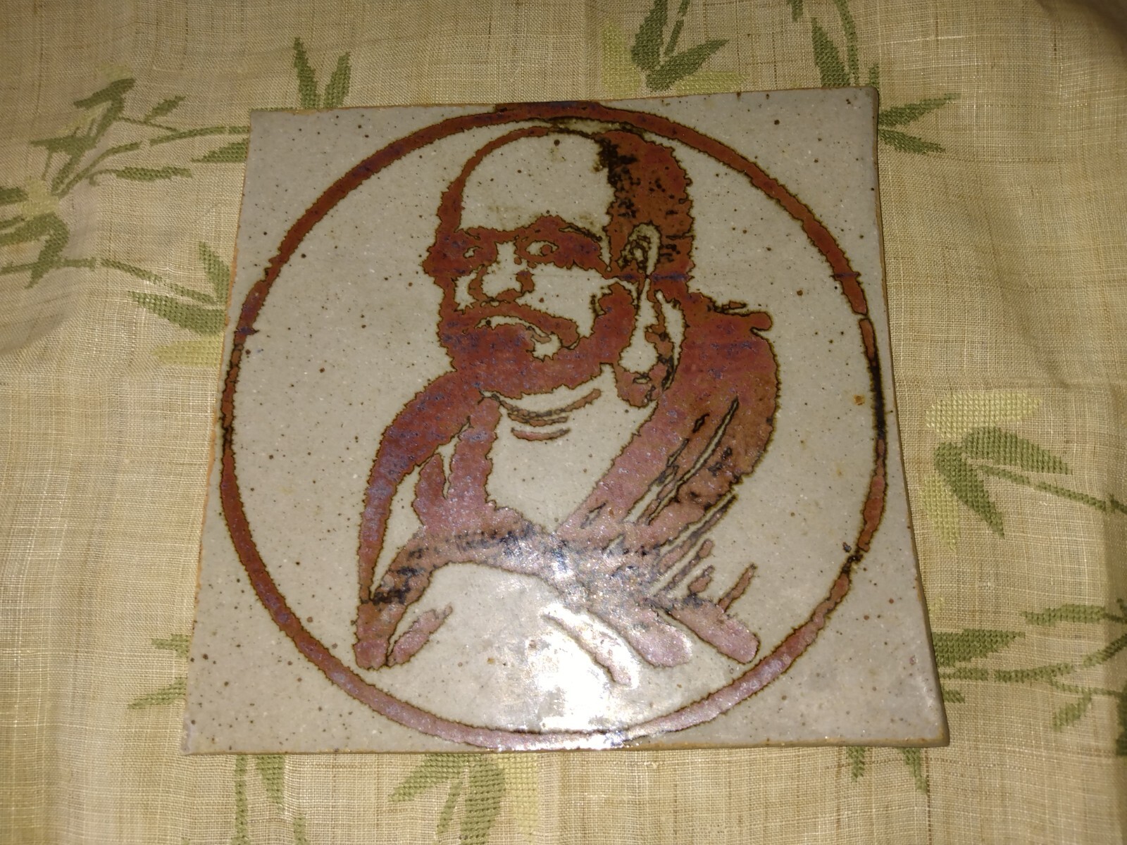 Vintage Chinese Tile Bust Art Zen Master Bodhidharma Buddhist Monk 6.5″ x 6 1/4″