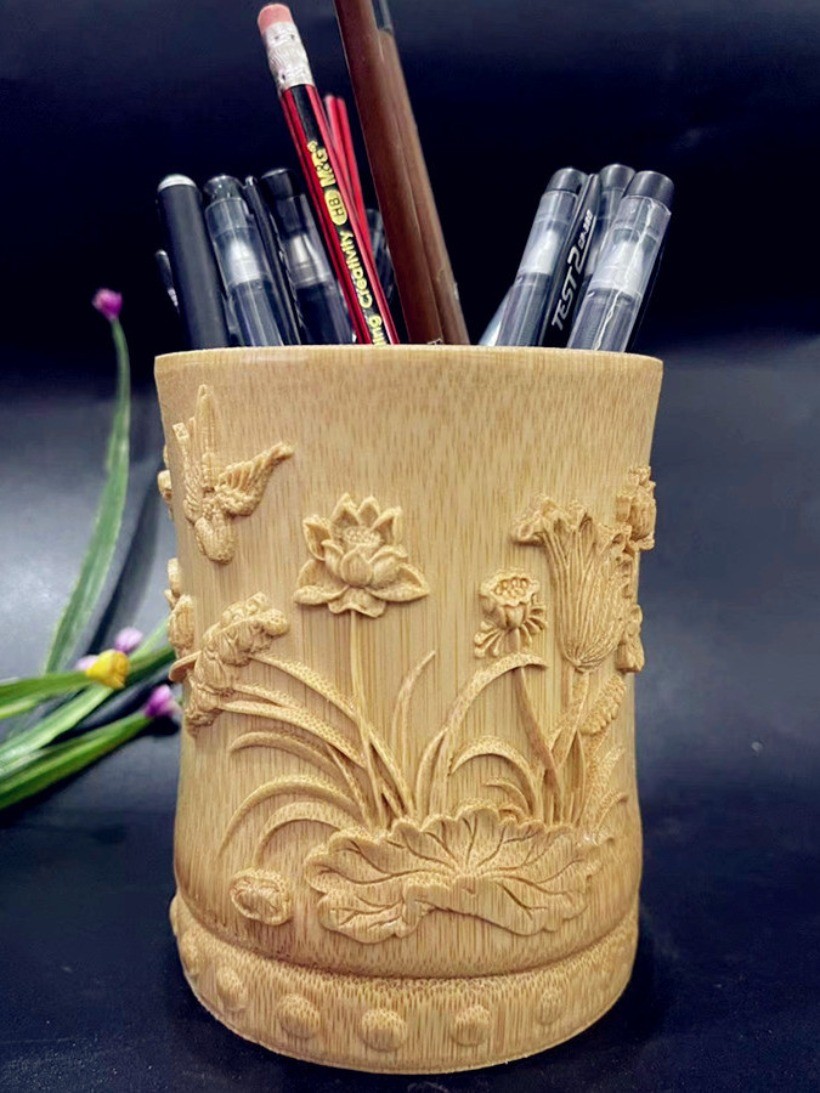 Bamboo Carved Lotus Pen Holder 4.72in Chinese Desk Decor