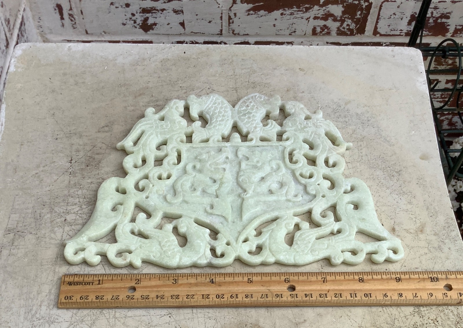 9.5″ Chinese OLD HAND CARVED JADE GREEN ONYX Plaque DRAGONS PHOENIX FISH