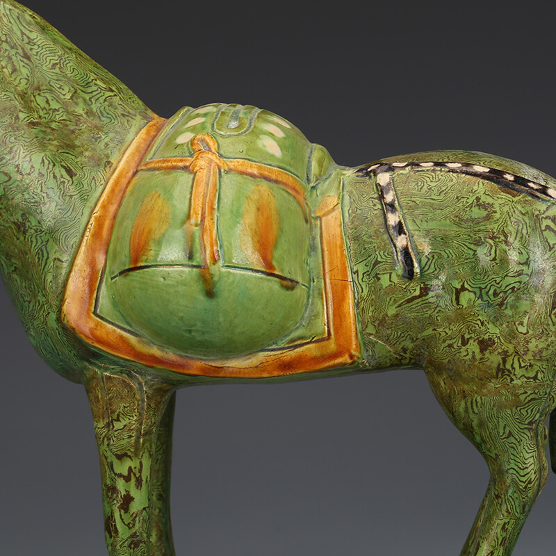 11.4″Chinese Song Green Glaze Porcelain Twisted Colored Body Battle Steed Statue