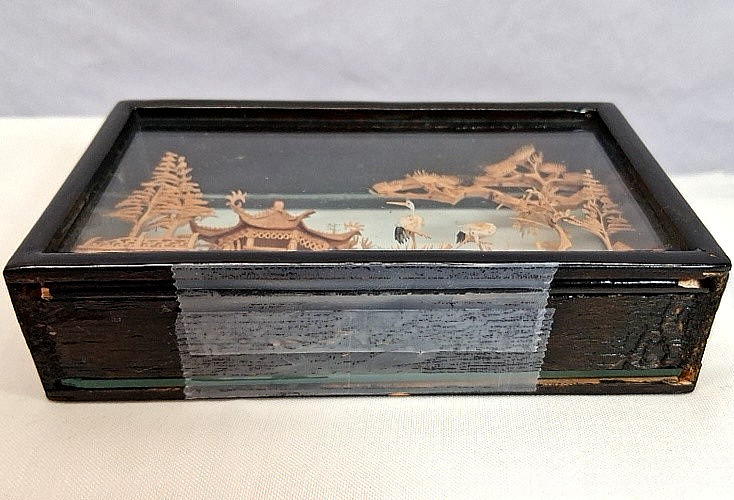 2 Chinese Scene 3D Hand Carved Cork Dioramas Black Lacqured Wood & Glass Cases
