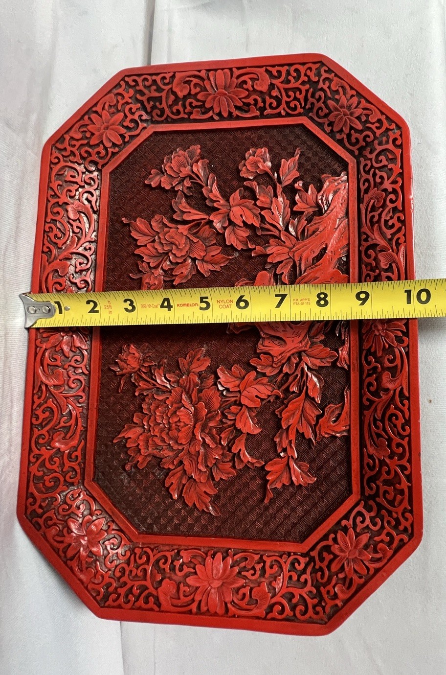 Vintage Chinese Cinnabar Lacquer Serving Tray Platter Carved Peony Floral 14×10″