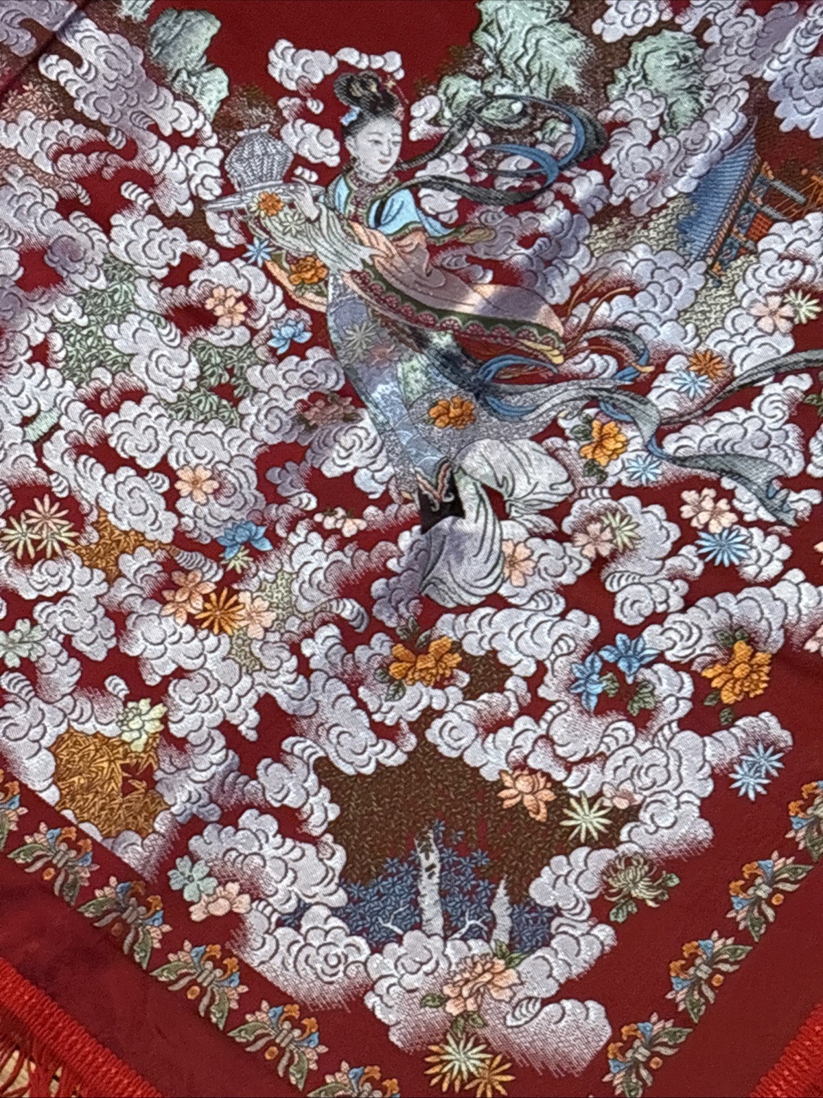 Vintage Chinese Silk Brocade Tablecloth fringe Tapestry Embroidery 38” x 37”