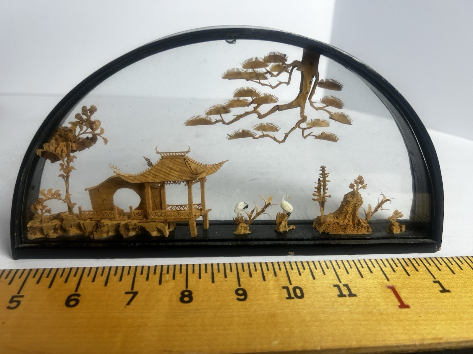 Chinese hand-carved cork diorama sculpture housed in a black wood and glass