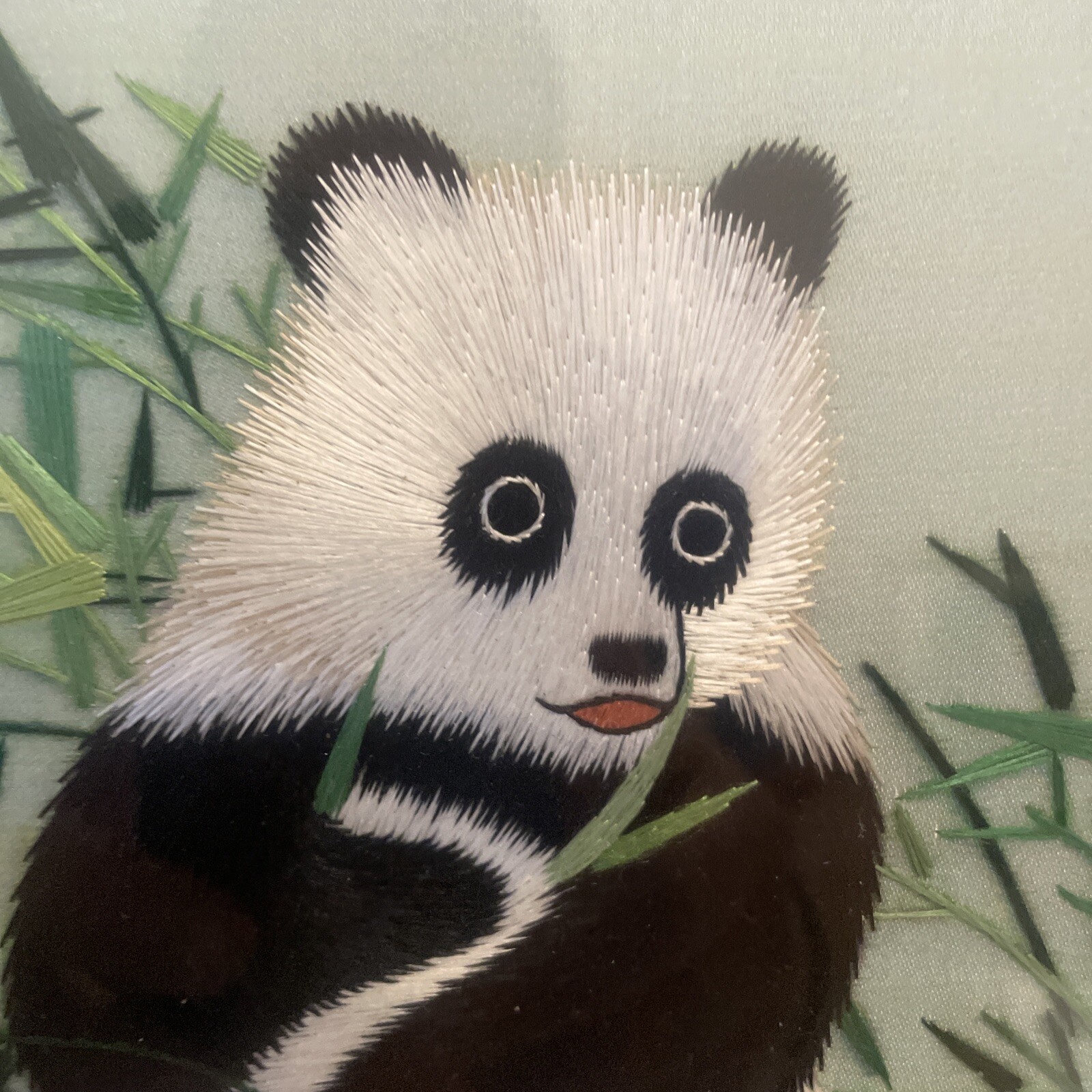 Vintage Chinese Embroidered Silk 100% Handmade Panda Wall Art in 13.5” X 13.5”