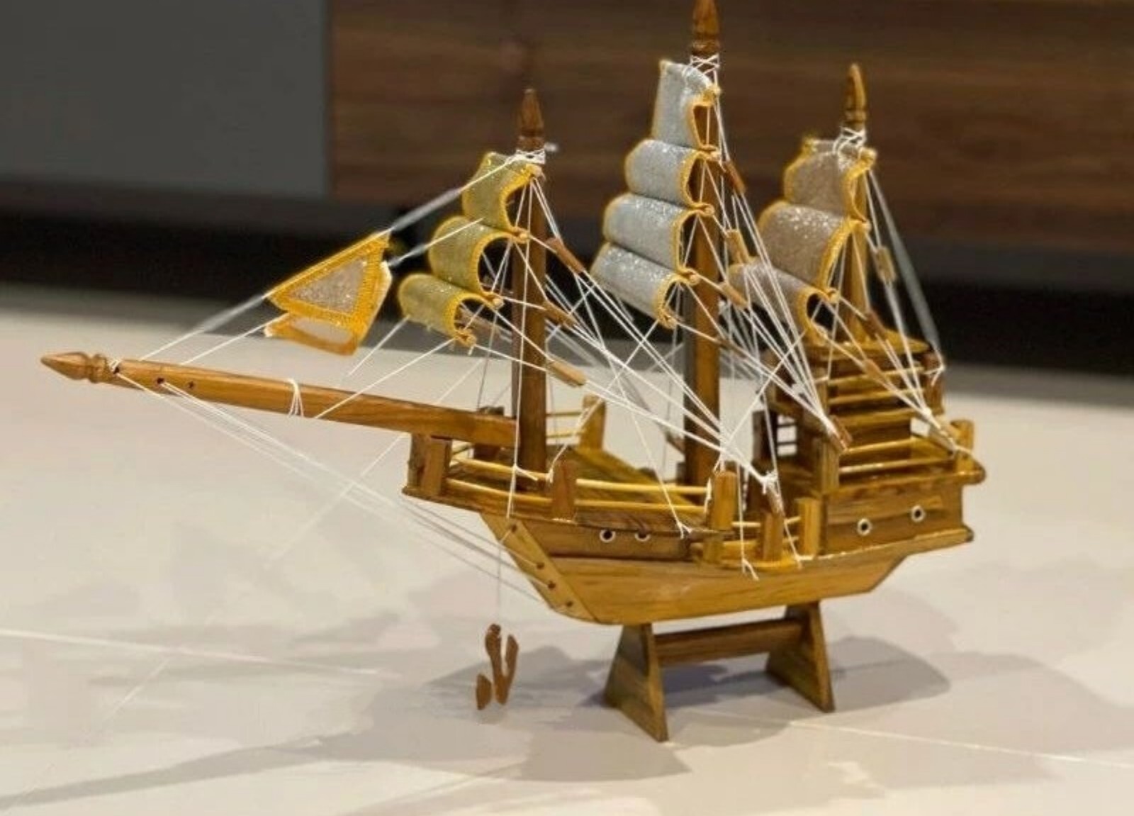 Golden Teak Chinese Junk Ship Model for Prosperity and Fortune
