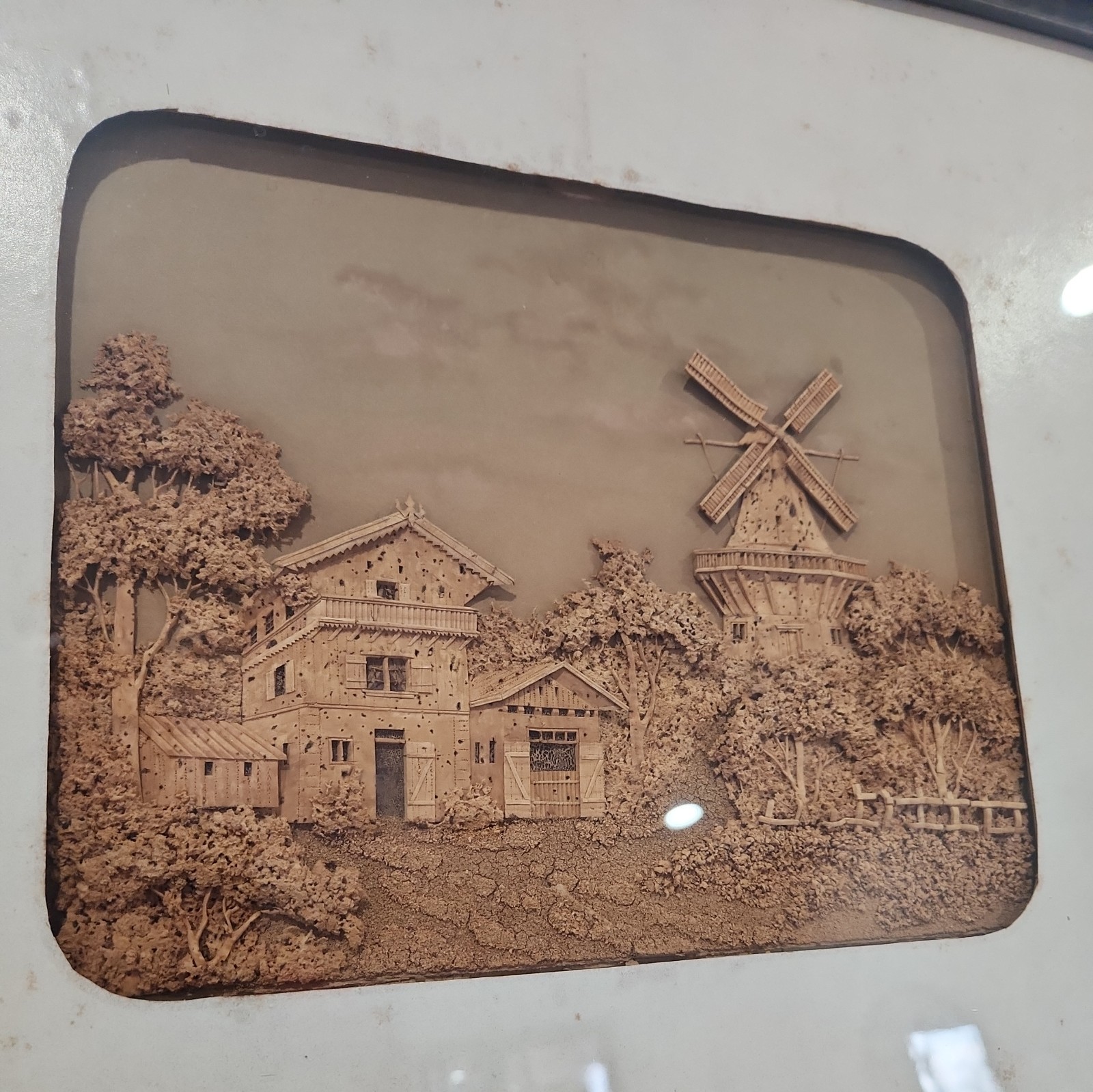 Vintage Portugal European Hand Crafted Cork Diorama Shadowbox in Ornate Frame
