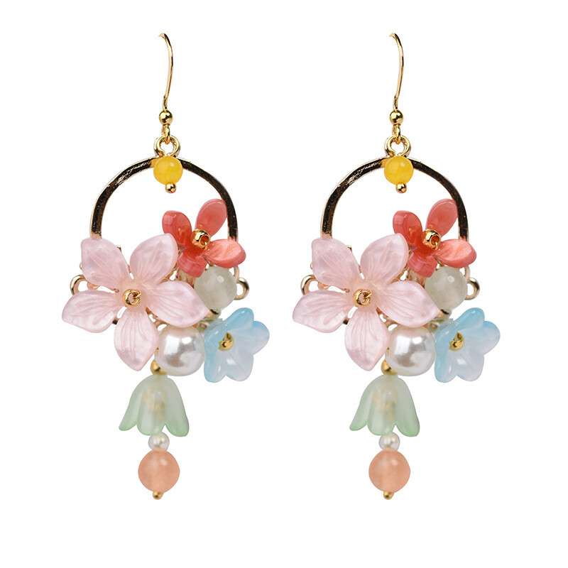 China Agate/Coloured Glaze Gild Flower Small Bell Tibetan Style Earbob Earrings