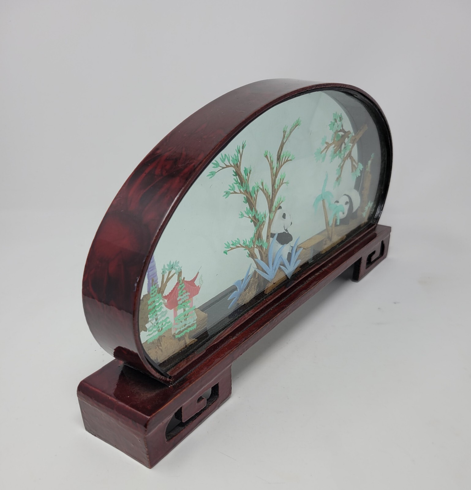 Vintage Chinese SAN YOU Diorama Art Pagoda With Trees & Pandas 1980s 14″ By 7″