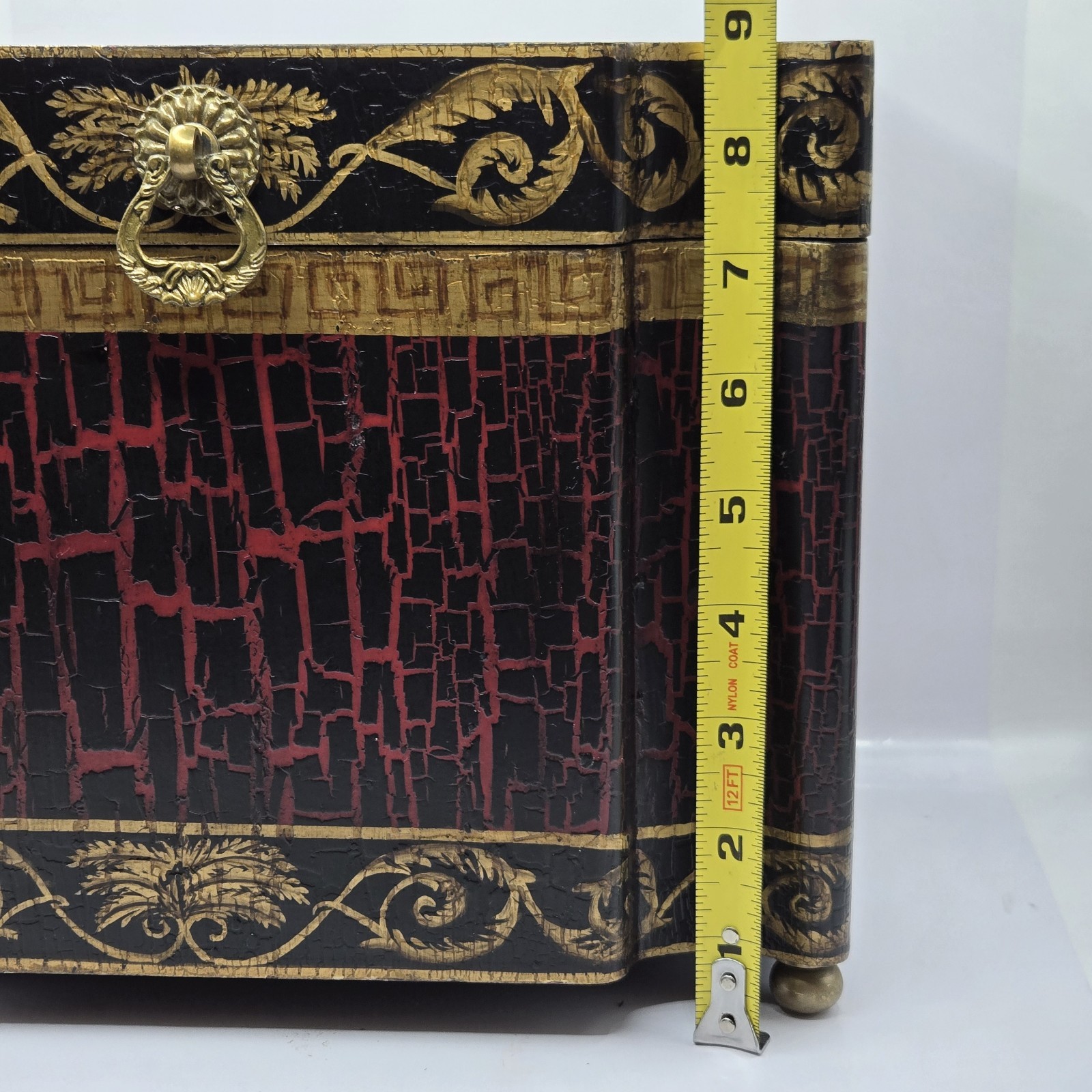 Vintage Large Asian Wood Pagoda Top Jewelry Box Storage, Brass Feet. 11×8×8.5″