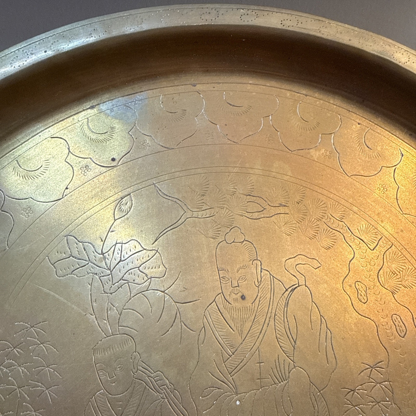 Vintage Chinese Brass Etched Tray Old Man & Boy 12”