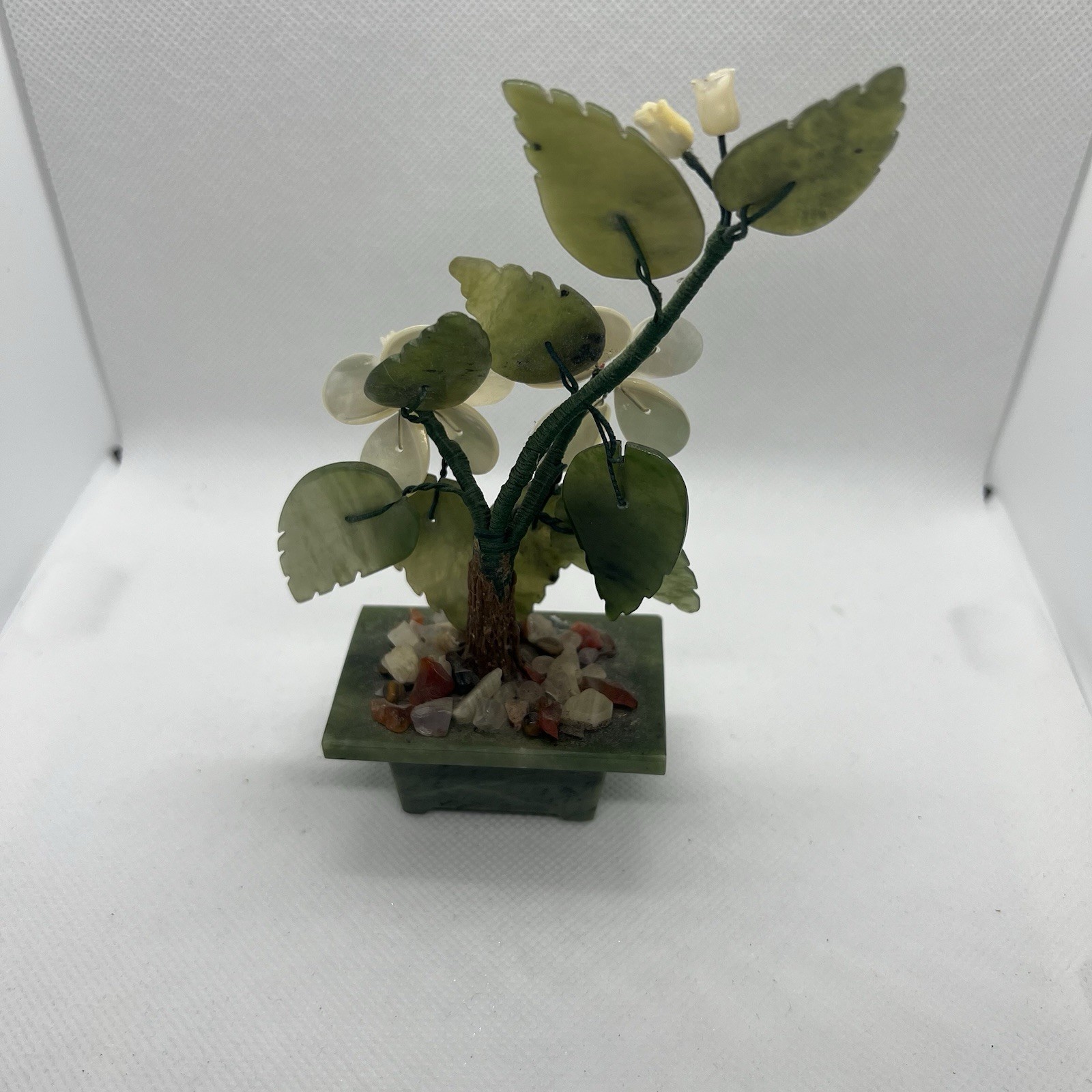 Sweet Small Asian Mother of Pearl & Jade Bonsai Tree Figure in Celadon Green Pot