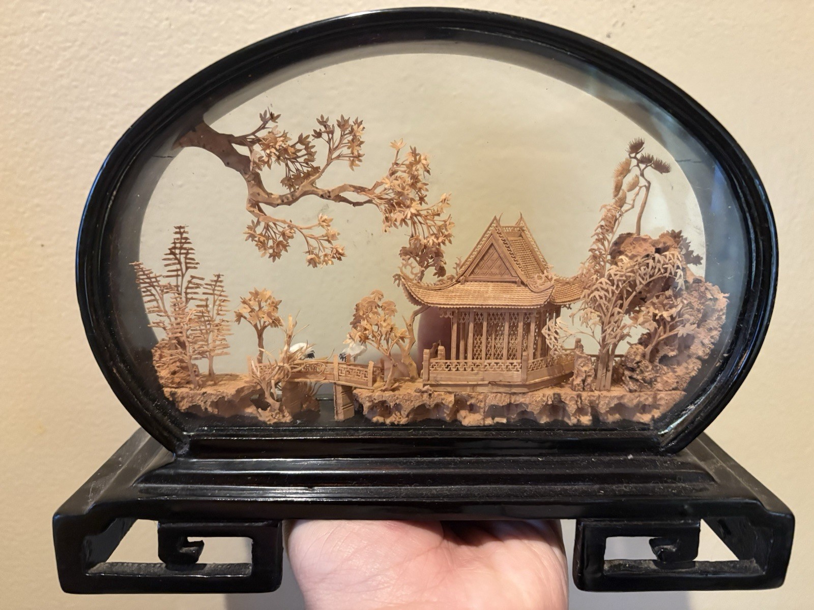 Vtg San Diorama Cork HandCarved W/ Pagoda Trees & Cranes In Glass Case