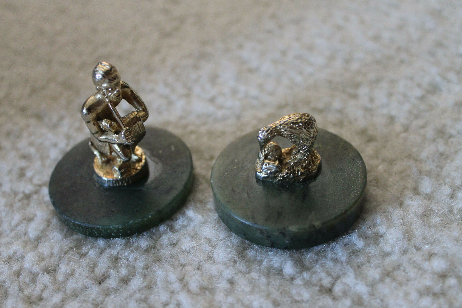 Very neat two Small metal statues with Jade bases