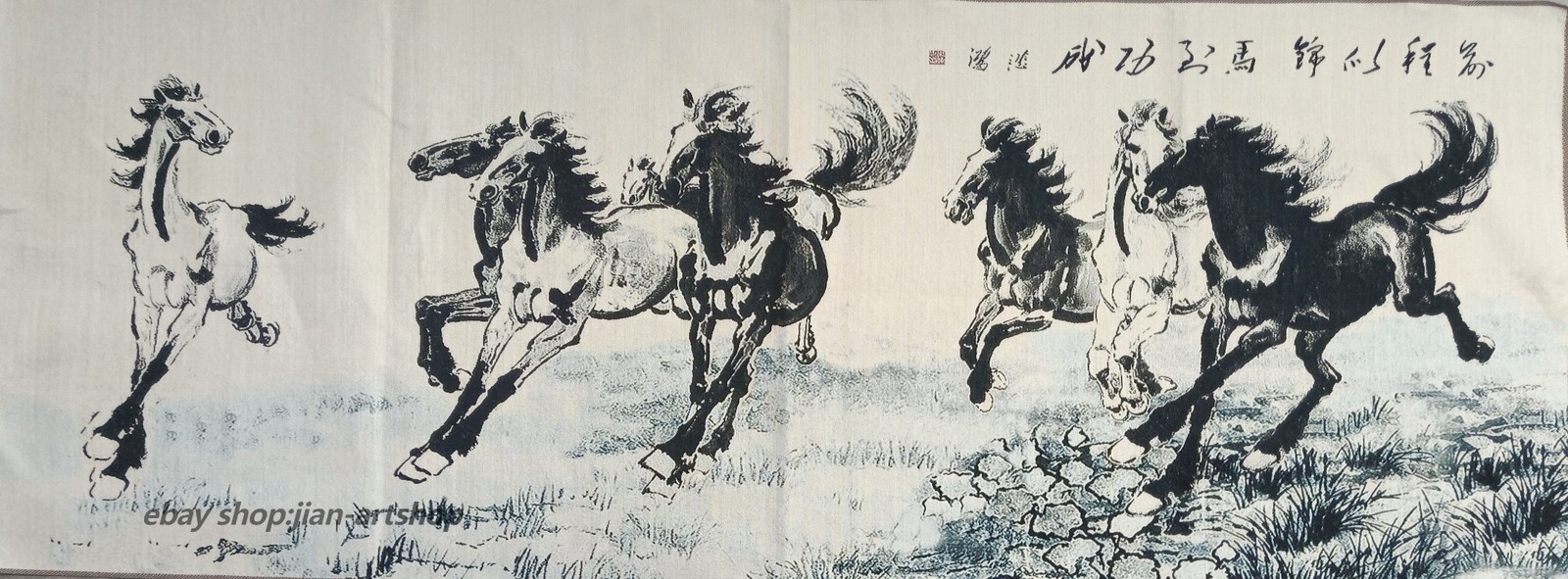 63″ China Cloth Silk Animal Horse Black Mural Wall Hanging Tapestry Meditation25