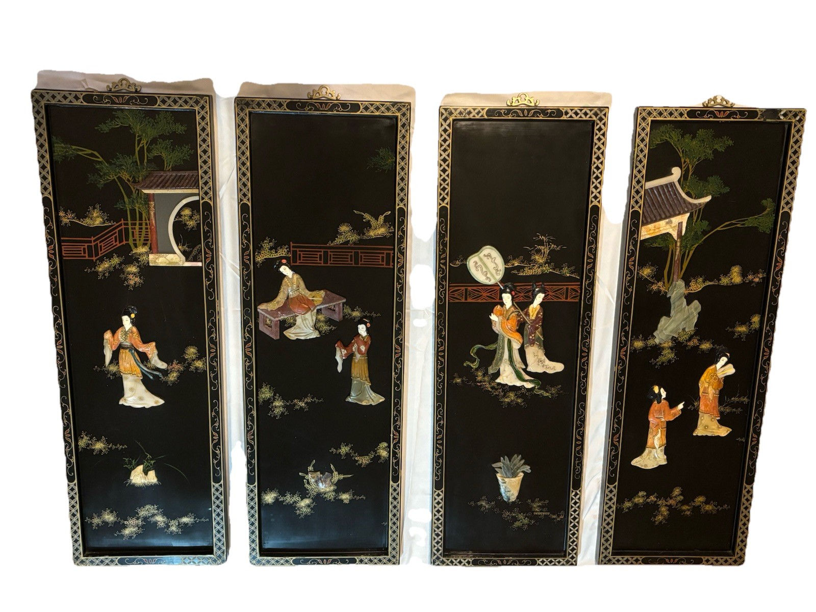 Vintage 1960’s Four Oriental Chinese Black Lacquer 3D Geisha Girls Wall Plaques