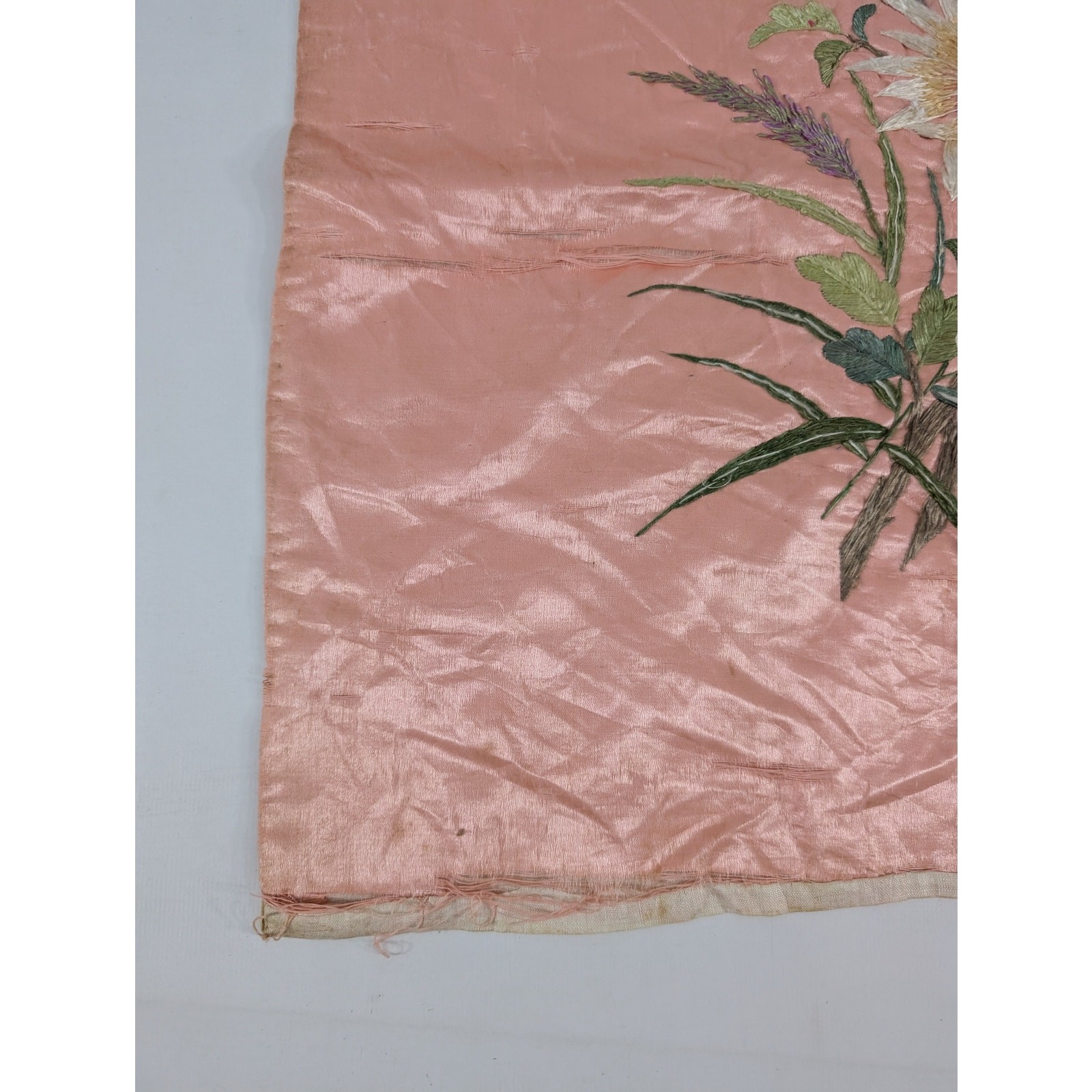 Vintage Chinese Hand Embroidered Floral & Butterfly Silk Textile 23x18in