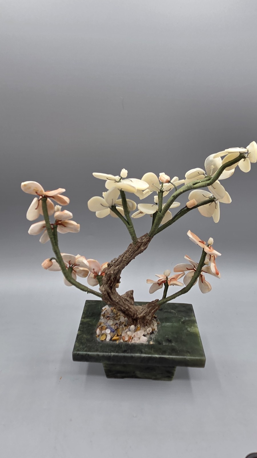 Small Bonsai Tree with Carnelian and Mother of Pearl Flowers, Jade? Base 8.5″ H
