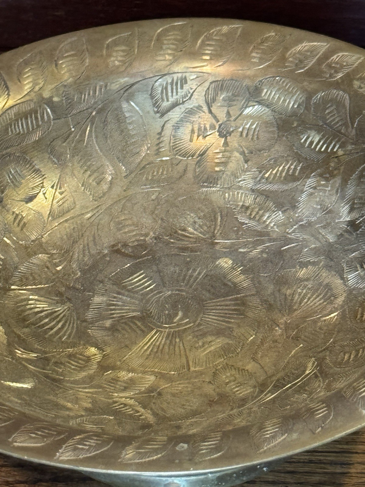 Solid Brass Bowl Engraved Pedestal Floral Compote 8 Inch Centerpiece Statement