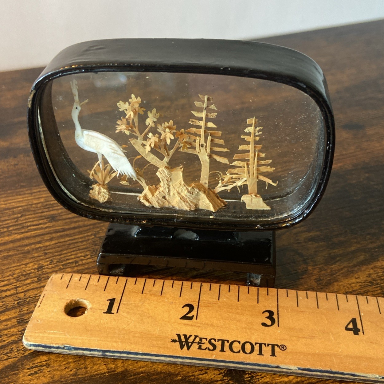 Vtg. Carved Cork Chinese Art Diorama with Cranes Pagoda and Trees Black Lacquer