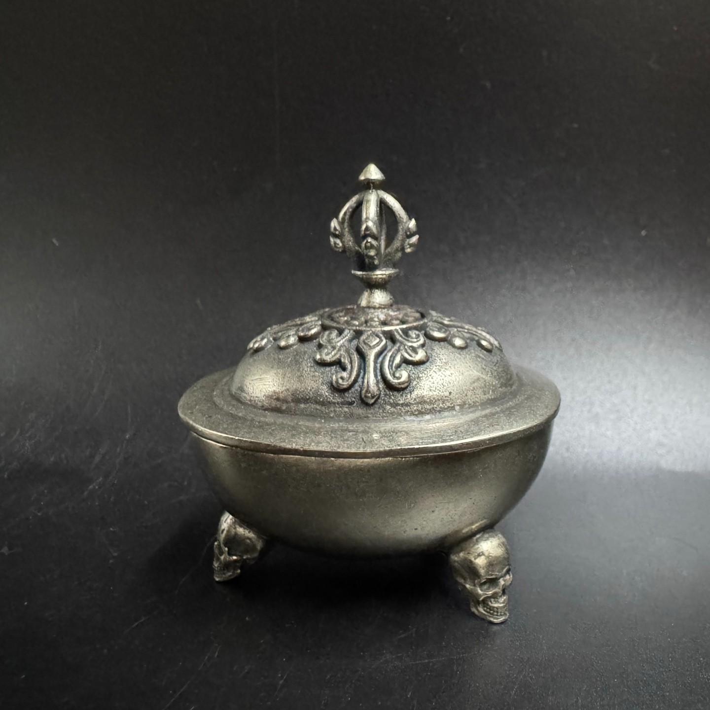 White Copper Skull Kapala Incense Burner Vajra Ritual Meditation Censer Bowl