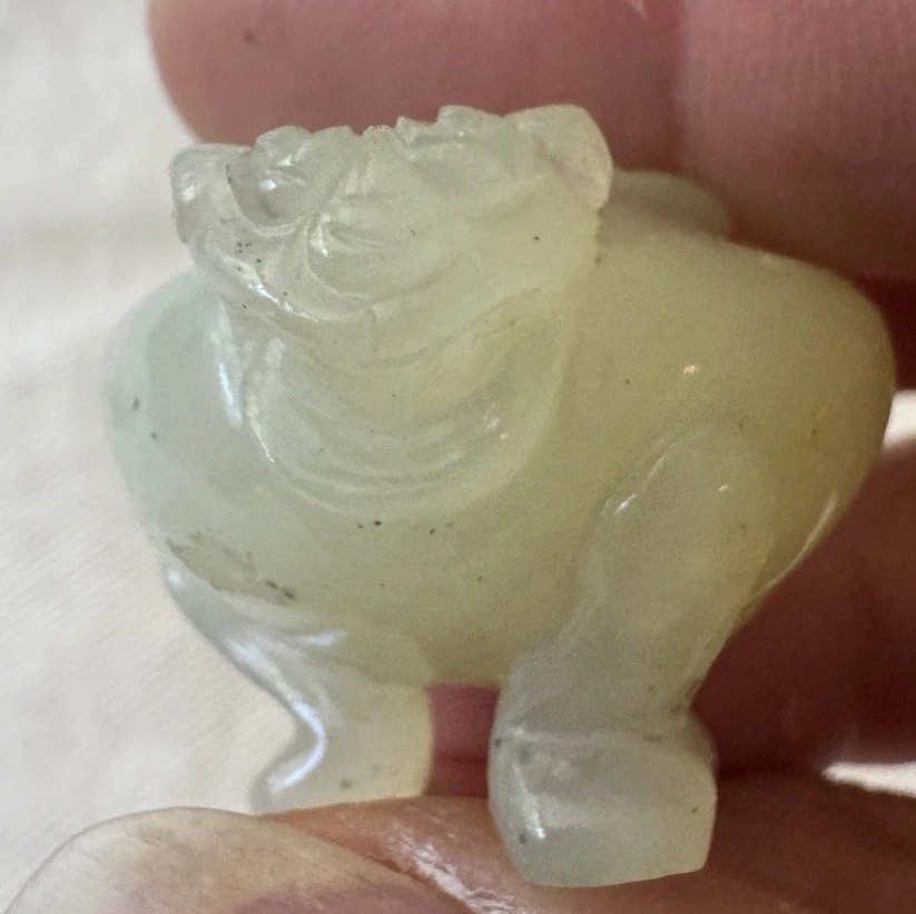 2 Vintage Rare Chinese Carved Jade – Miniature Foo Dog Incense Burners