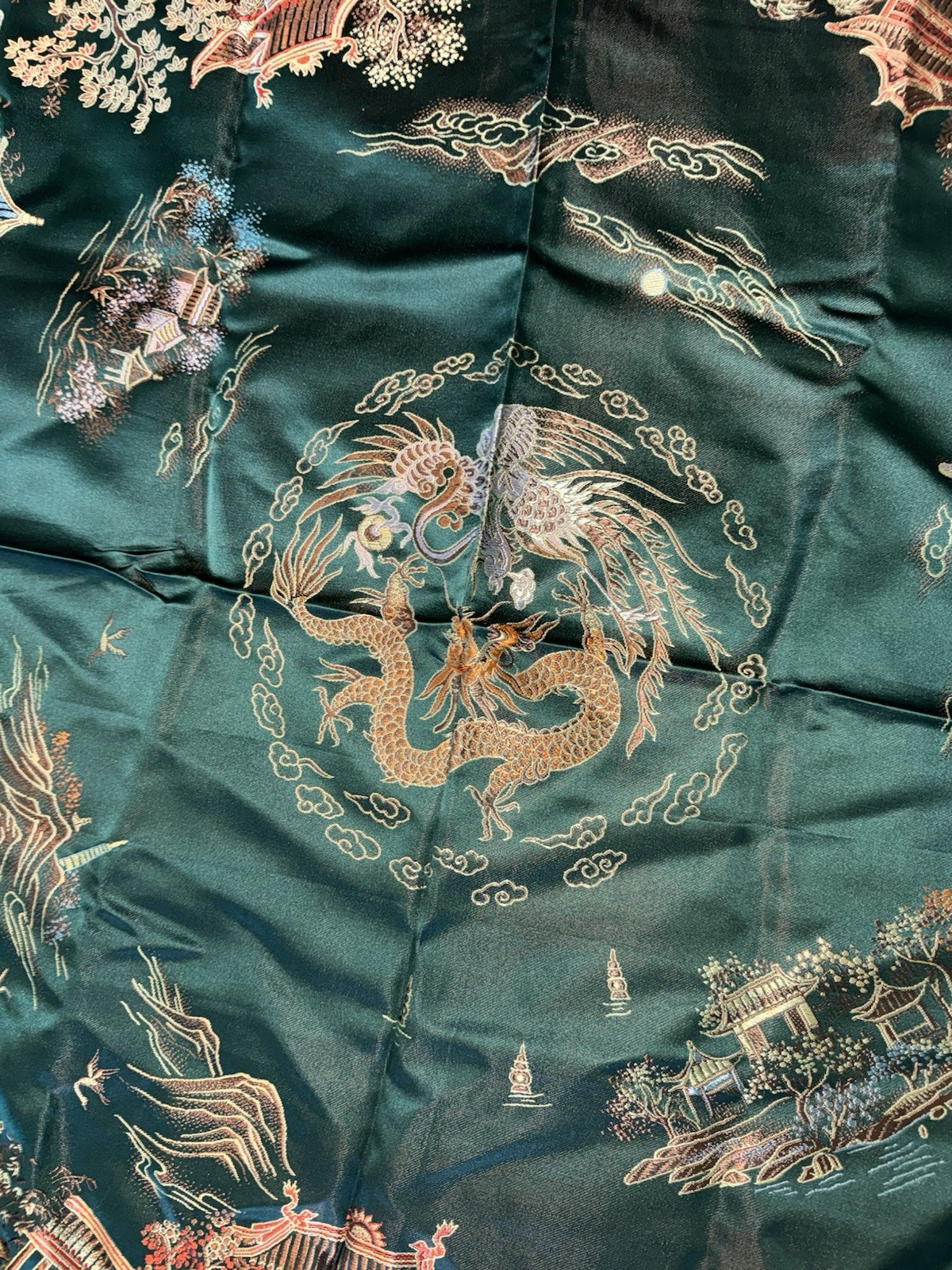 VTG Hangzhou Chinese Silk Brocade Piano Scarf Dragon Phoenix Tablecloth 48”