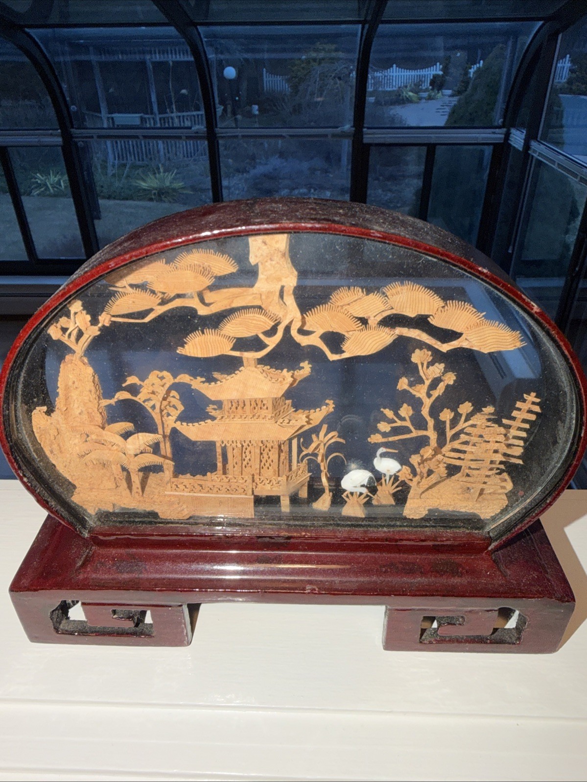 Vintage Chinese Hand Carved Cork Diorama in Red Lacquered Oval Frame
