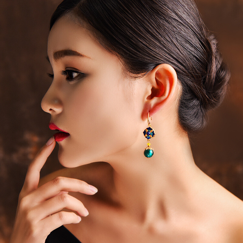 China Agate/Cloisonne/Coloured Glaze Flower Gild Tibetan Style Earbob Earrings