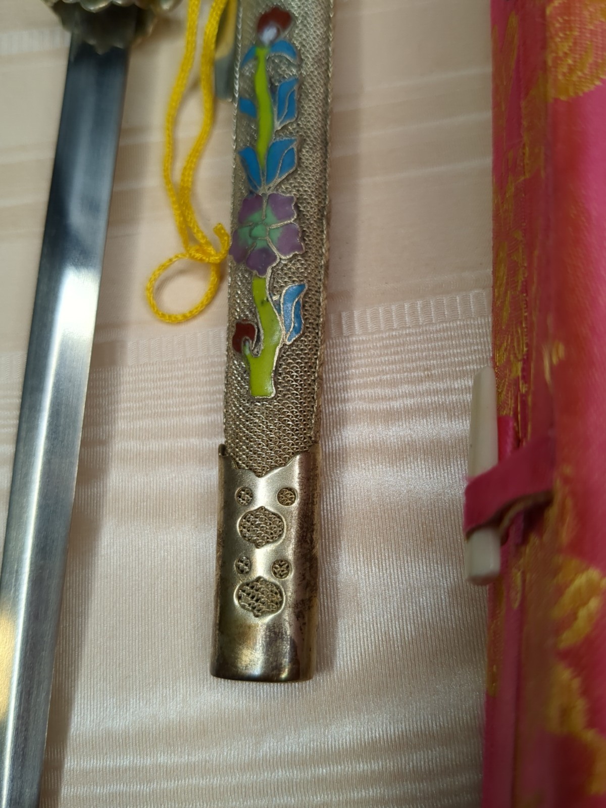 Vintage Chinese Cloisonne Letter Opener Dagger In Brocade Gift Box