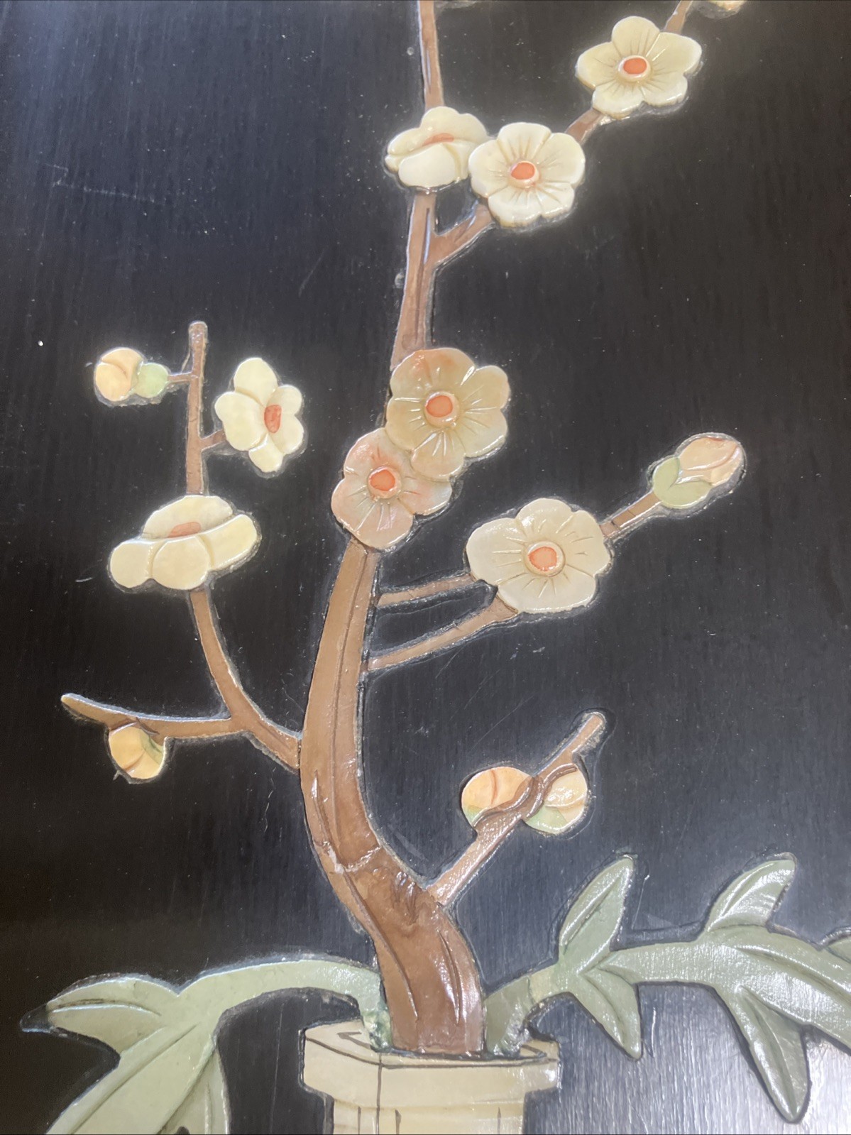 Vtg Chinese Flower Pot Black Lacquer Mother Of Pearl Stone Wall Panel 12”x 34”