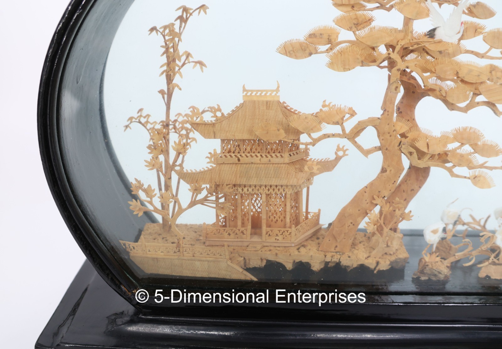 VTG Chinese Diorama Cork Carving Pagoda Trees Cranes 12″ x 8″ x 2.5″ Glass Case