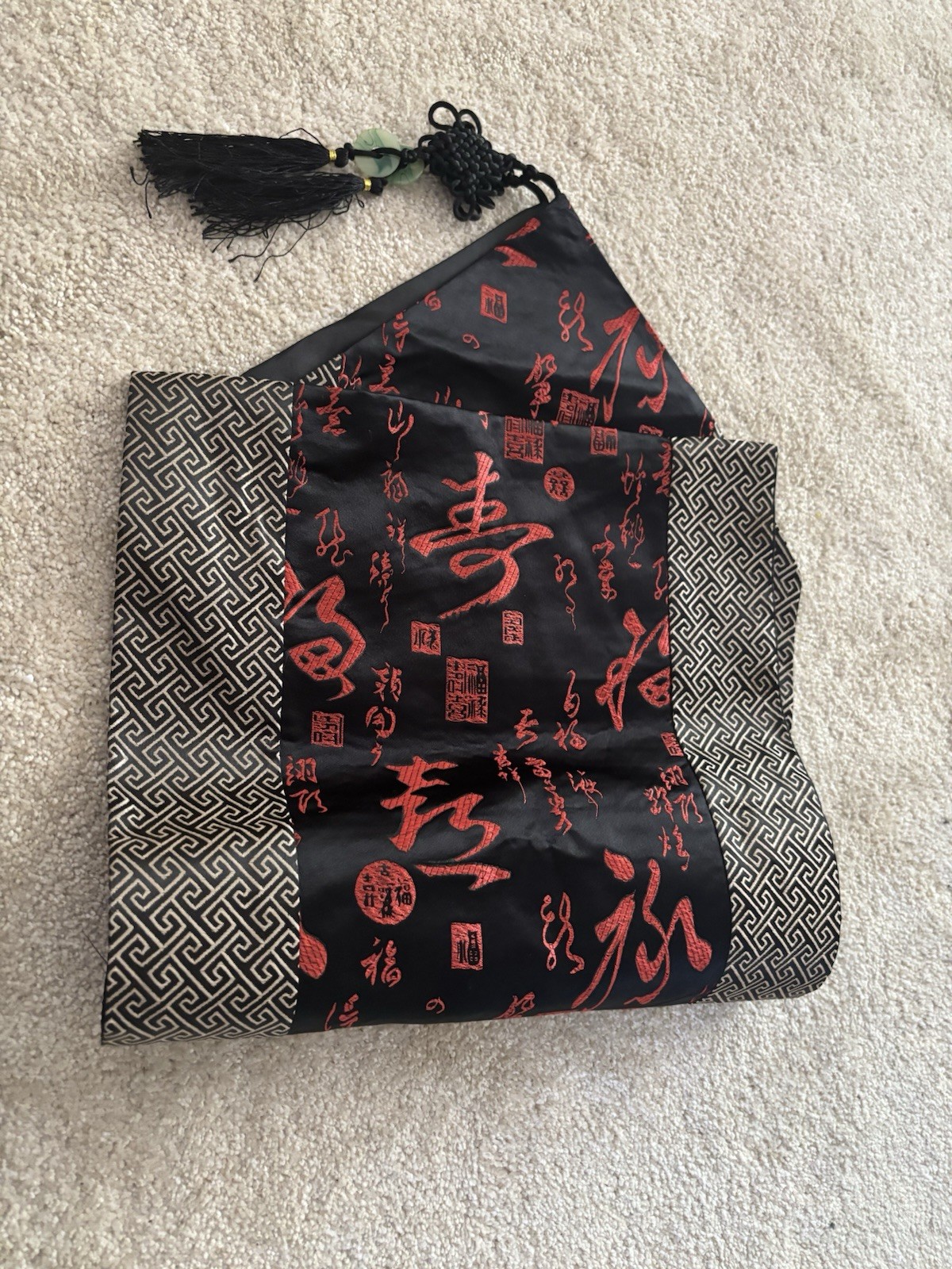 Black Red Chinese Silk Satin Brocade With Two Tassels Table Runner