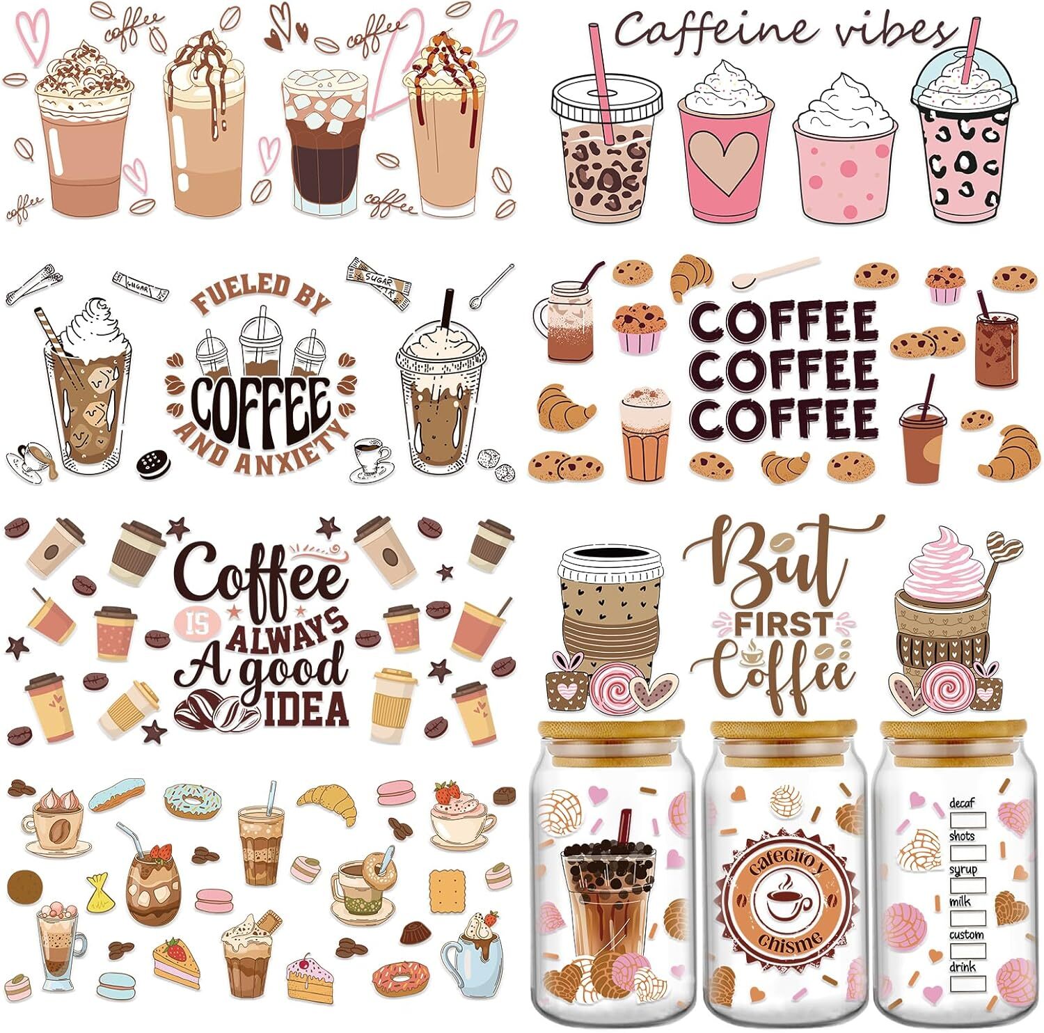 UV DTF Cup Wrap – 8 Sheets Coffee Wraps for 16 oz Cake