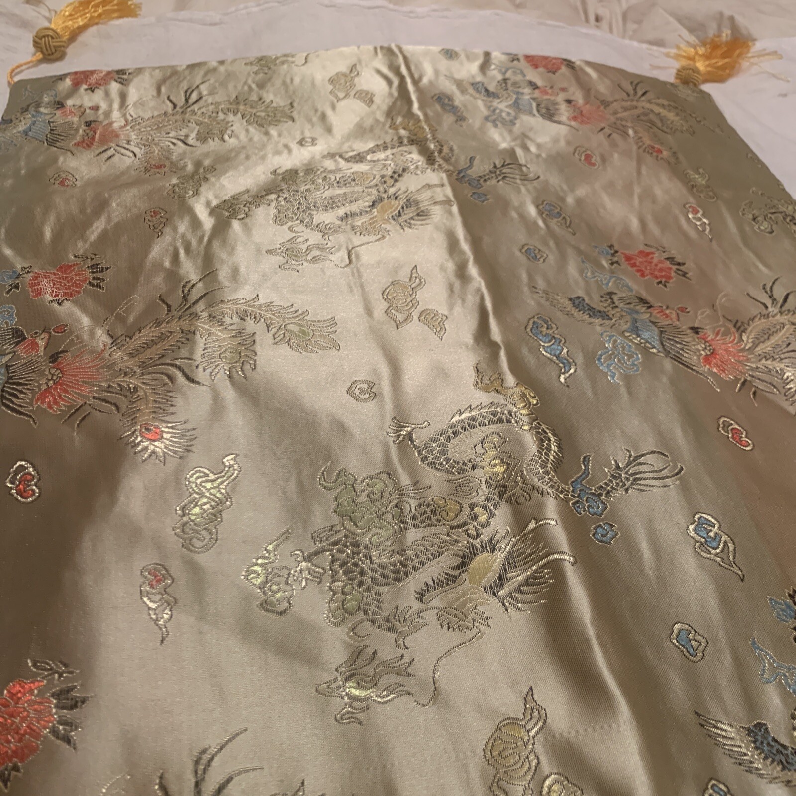 Vtg Chartruese+Satin Jacquard Brocade Oriental Pillow Cover~ Dragon~16.5”