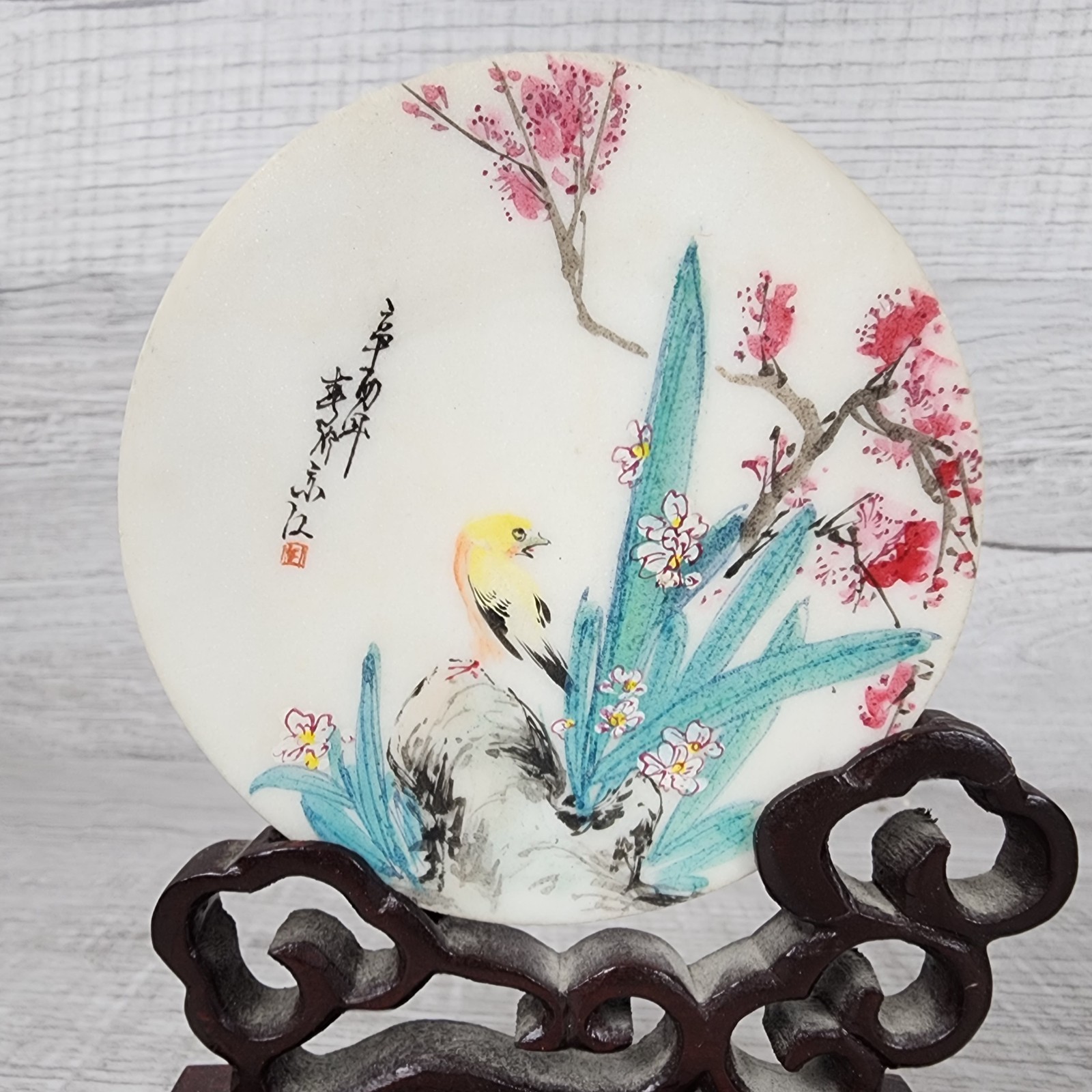 Chinese Hand Painted Porcelain Plaque Table Screen Bird Blossom W/ Wood Stand