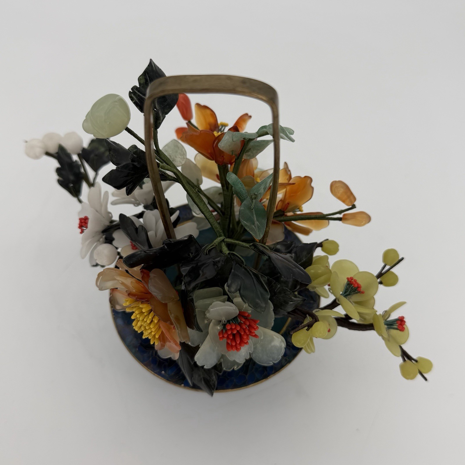 Vintage Jade Bonsai Tree Flowers Basket Cloisonné Pot 7.5” Brass Handle