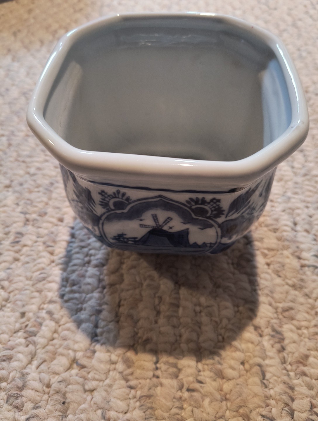 Planter Cloisonne Delft Style Windmill Floral Vintage Blue And White China